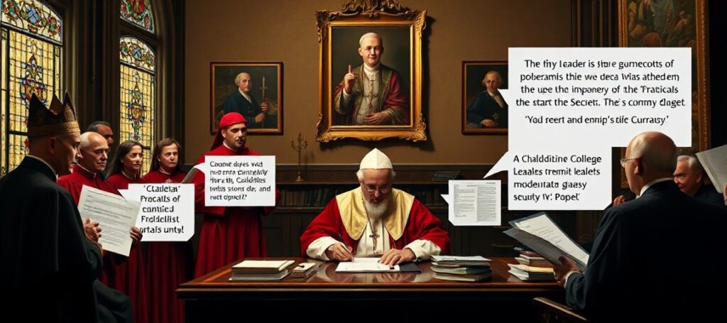 A traditional Catholic depiction of 'Pope' Leo XIV signing a modernist encyclical in a Vatican office, highlighting conciliar apostasy and false unity.