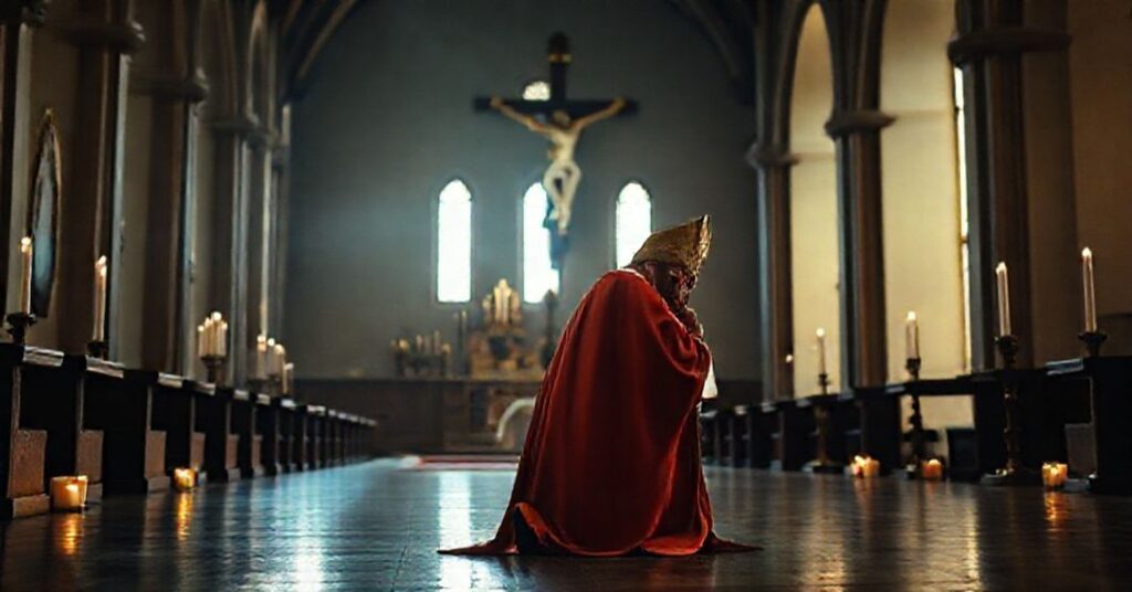 A traditional Catholic bishop kneeling in prayer before a crucifix in a dimly lit church, symbolizing the spiritual crisis of conciliar apostasy.