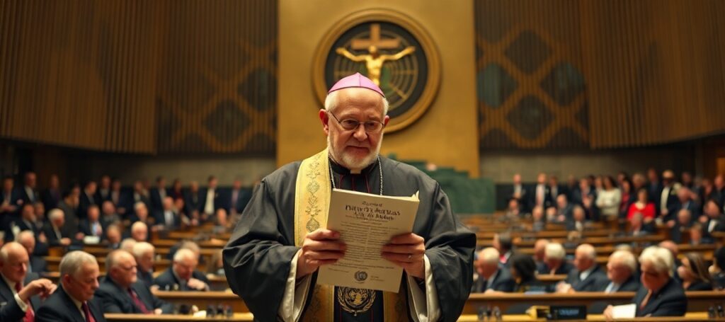 A Catholic bishop holding Quas Primas in the UN General Assembly, contrasting supernatural peace with secular disarmament rhetoric