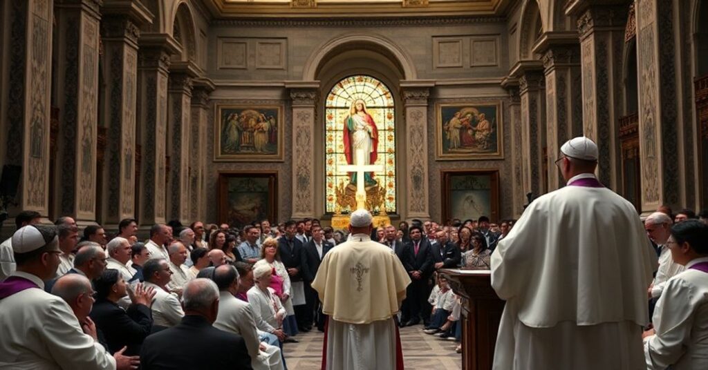A solemn gathering of Latin American clergy in a Vatican hall listening to the antipope Robert Prevost during a syncretistic event on Marian devotion.