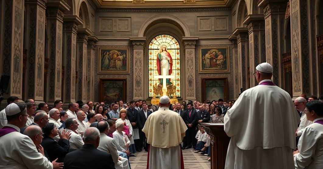 A solemn gathering of Latin American clergy in a Vatican hall listening to the antipope Robert Prevost during a syncretistic event on Marian devotion.