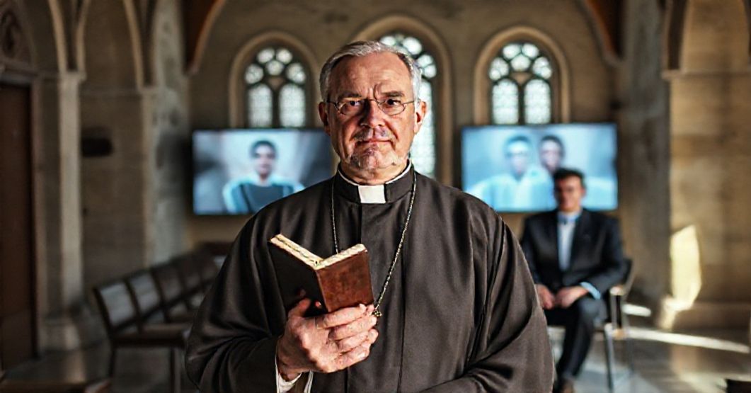 Traditional Catholic priest in church contrasting with modernist advocates of AI and therapy.