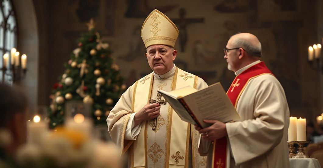 Antipope Leo XIV at Castel Gandolfo appealing for peace without acknowledging Christ the King, surrounded by signs of modern apostasy.