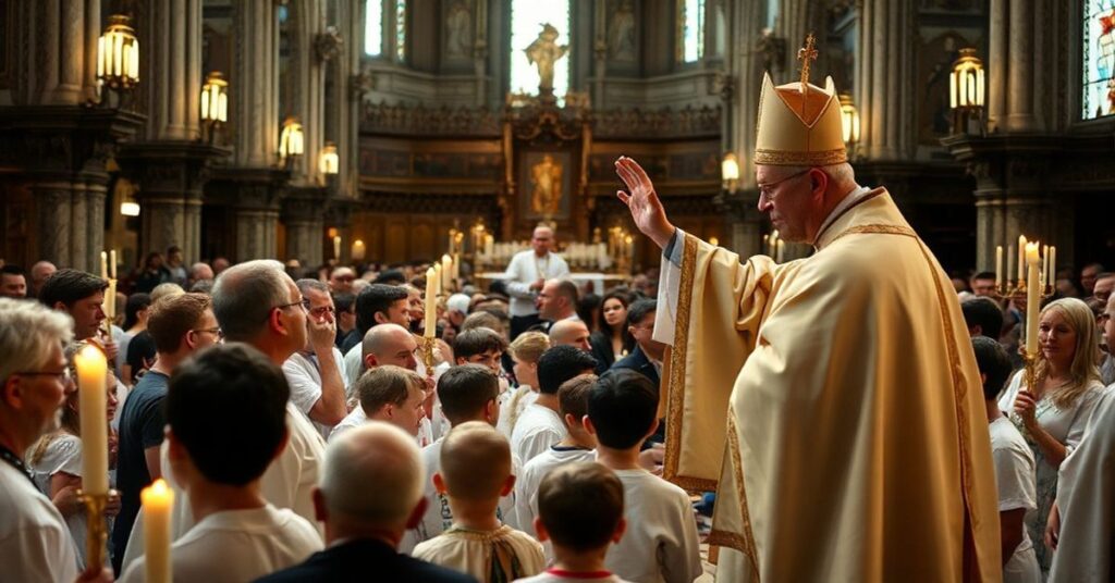 A solemn baptismal ceremony in Tallinn Cathedral with a conciliar bishop performing rites that lack sacramental validity.