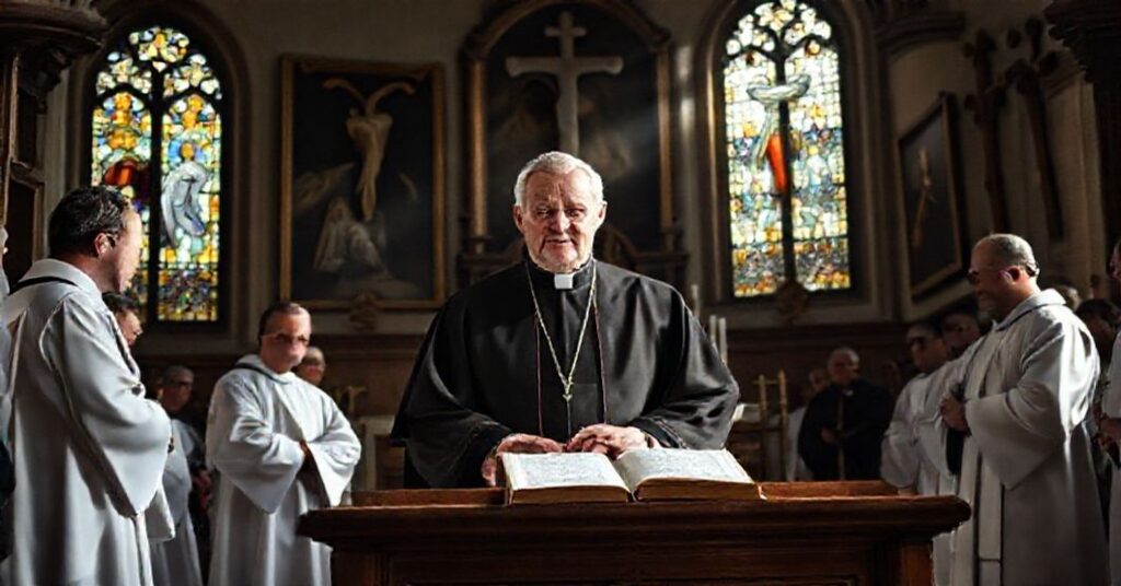 A somber depiction of Archbishop Georg Gänswein at a traditional Latin Mass altar in a historic church, reflecting theological tensions over Joseph Ratzinger's pseudo-beatification.