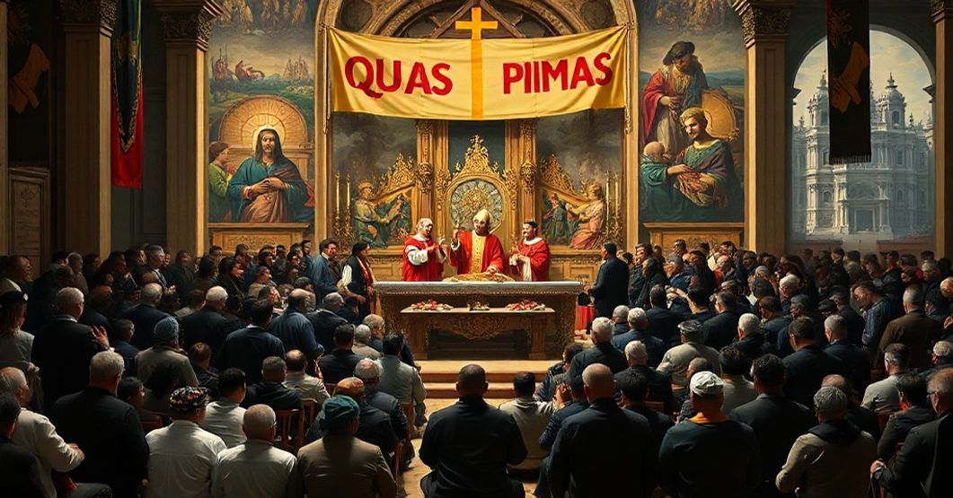 Conciliar Sect's Betrayal of Christ the King A Catholic altarpiece depicting the denial of sacraments to migrants by conciliar clergy, set against global conflicts and blasphemous art in neo-church buildings.