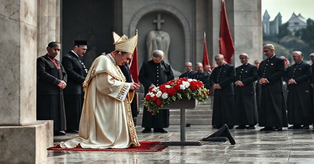 Antipope Leo XIV in Turkey, betraying Christ the King with ecumenical apostasy at Ataturk's mausoleum.