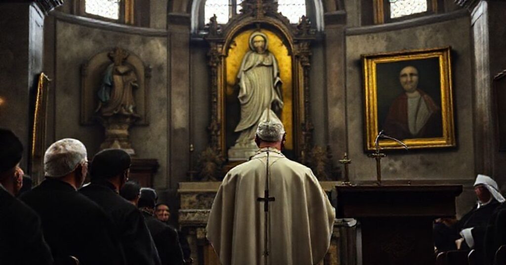 Antipope 'Leo XIV' addressing Turkish Catholics in Istanbul's Cathedral of the Holy Spirit, symbolizing the betrayal of Christ's Kingship.