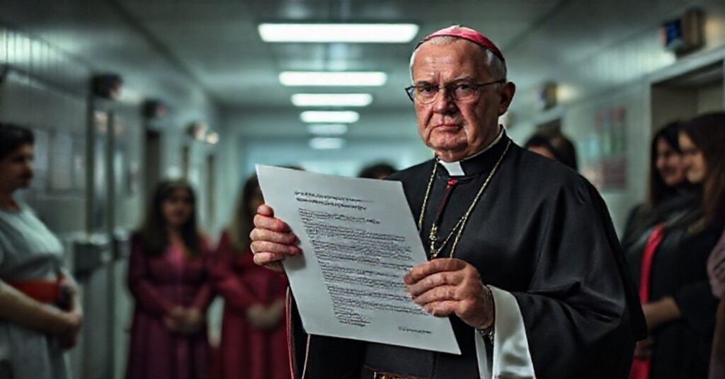 A traditional Catholic bishop holds a directive against transgender surgeries in a dimly lit hospital setting.
