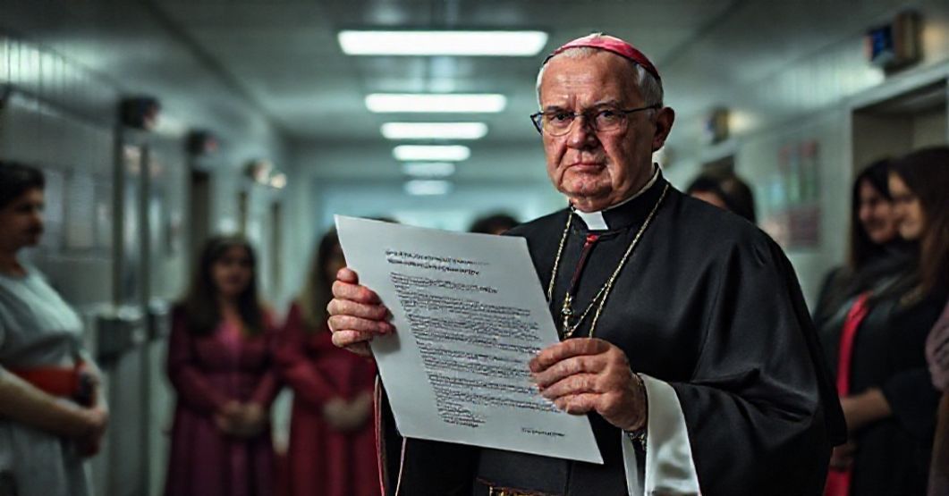 A traditional Catholic bishop holds a directive against transgender surgeries in a dimly lit hospital setting.
