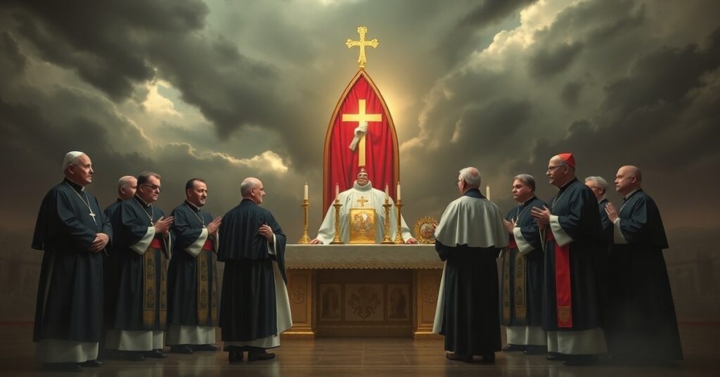 Conciliar bishops in modernist attire before a distorted altar with ecumenical symbols, symbolizing apostasy and false ecumenism.