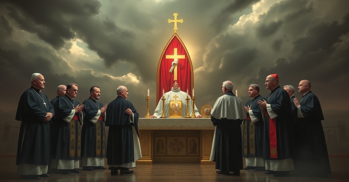 Conciliar bishops in modernist attire before a distorted altar with ecumenical symbols, symbolizing apostasy and false ecumenism.
