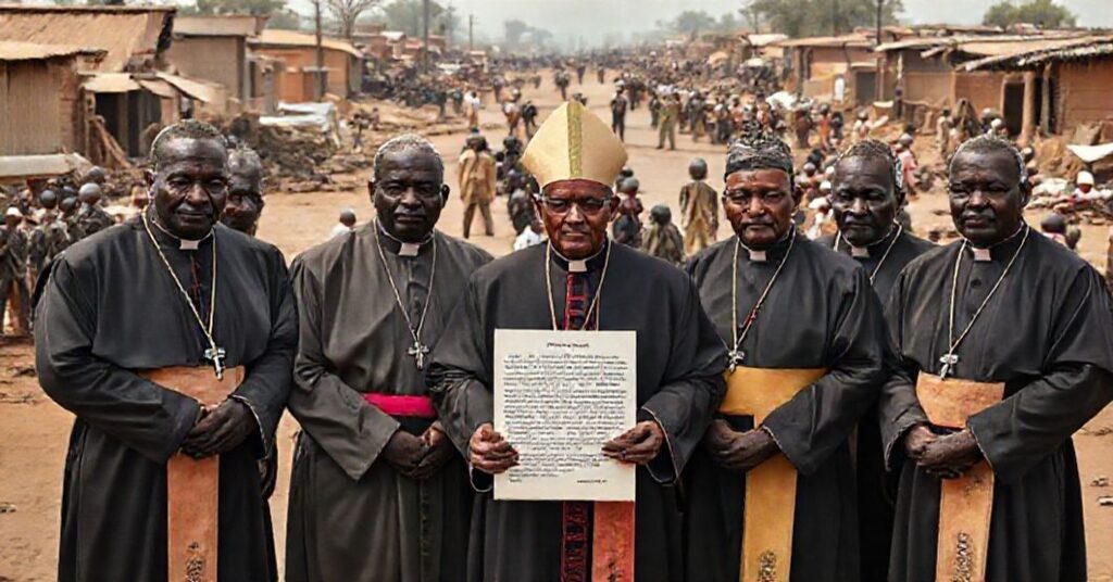 Conciliar bishops in Sudan 2025: A somber gathering of modernist bishops in Malakal amid war-torn streets, emphasizing 'dialogue' over conversion.