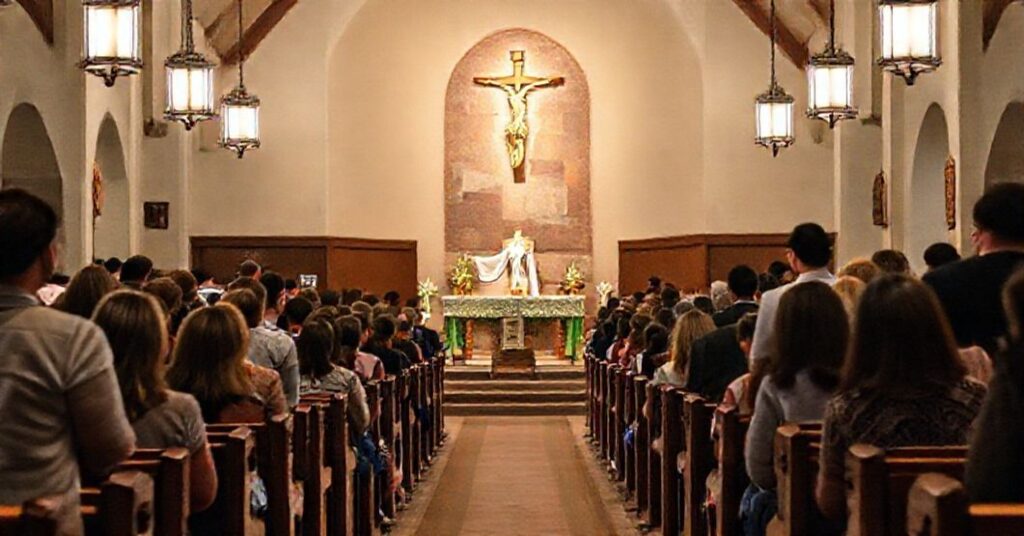 A historic Catholic chapel at a university Newman Center with young students attending Mass, highlighting the contrast between outward beauty and doctrinal corruption in conciliar campus ministries.