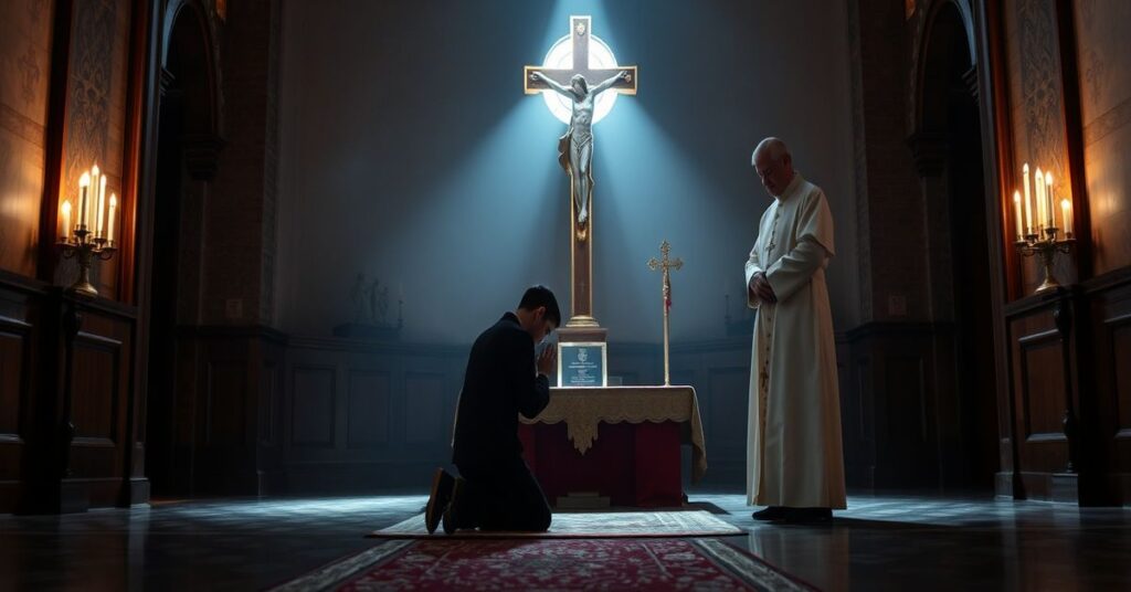 A solemn portrait of Blessed Ján Havlík praying before a cross, with Cardinal Marcello Semeraro in the background, symbolizing the Conciliar Church's appropriation of his martyrdom.