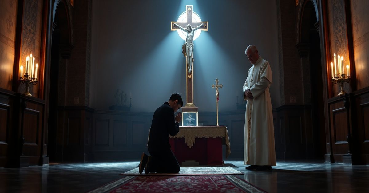 A solemn portrait of Blessed Ján Havlík praying before a cross, with Cardinal Marcello Semeraro in the background, symbolizing the Conciliar Church's appropriation of his martyrdom.