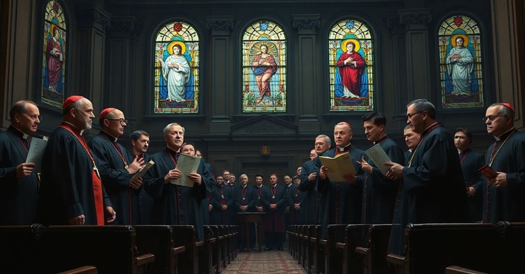 A reverent depiction of the moral conflict between traditional Catholic teachings and conciliar compromise in a Senate chamber setting.