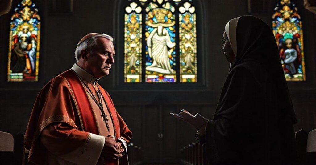 A solemn Catholic bishop in traditional vestments stands in a dimly lit church, contrasting with modernist clergy engaged in worldly activism outside.