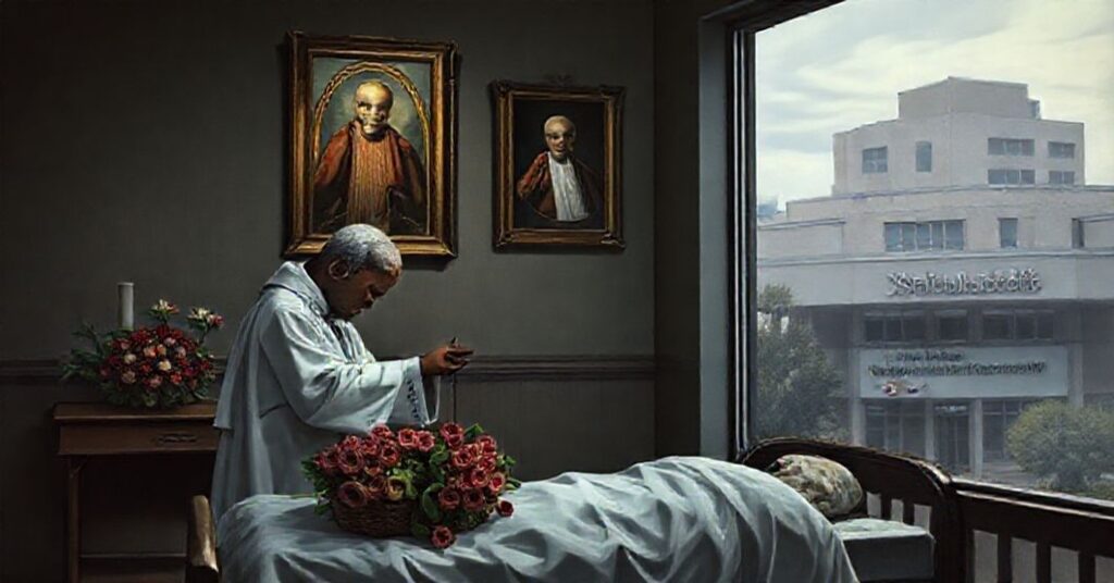 Traditional Catholic hospital chapel with priest administering Last Rites, contrasting with modernist Presidio Healthcare exterior signage.