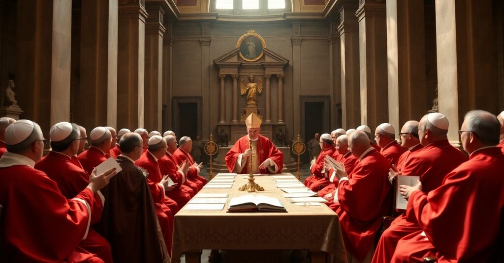 Consistory of "cardinals" led by antipope Leo XIV discussing synodal reforms and modernist agenda in St. Peter's Basilica.