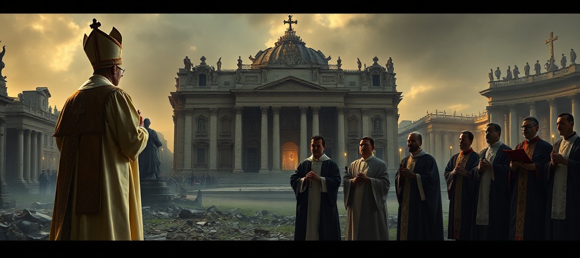 A solemn depiction of the conciliar crisis in 2026, showing the ruins of Vatican structures, an empty encyclical by Leo XIV, illicit SSPX ordinations, ecumenical dialogue with heretics, and Modernist seminary vocations.