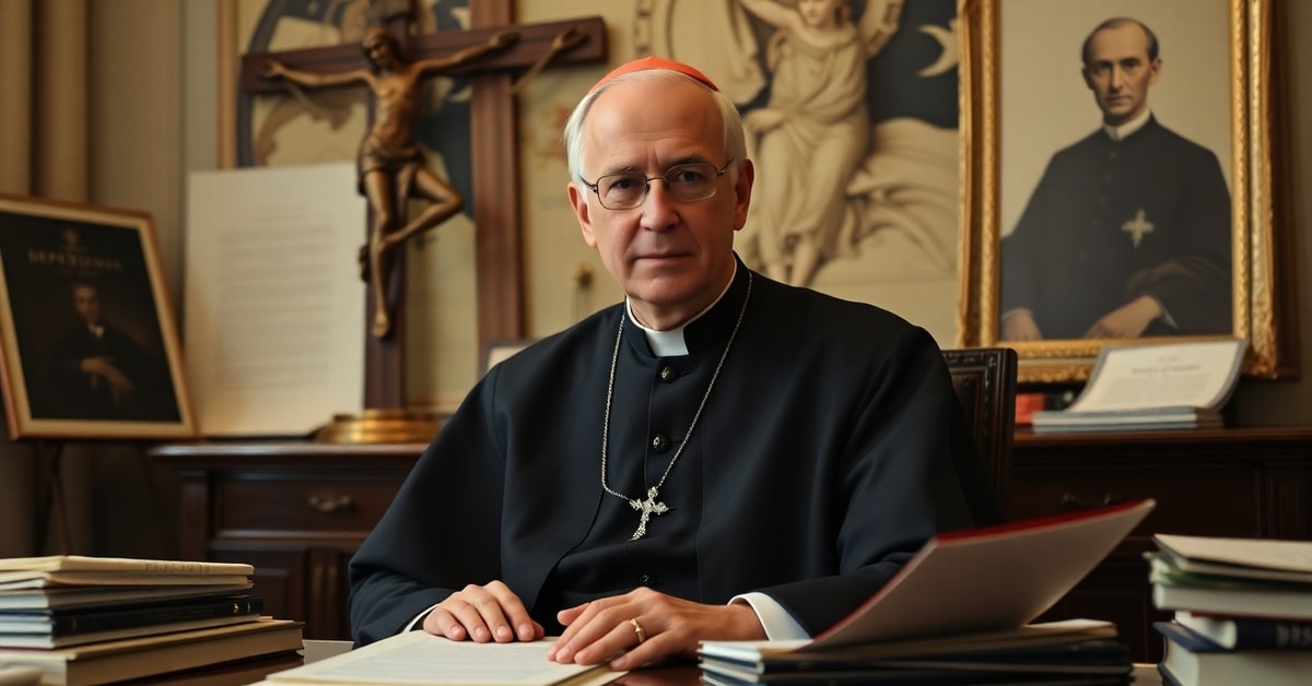 Cardinal Christophe Pierre in a Vatican office surrounded by modernist documents and symbols, contrasting with traditional Catholic imagery.