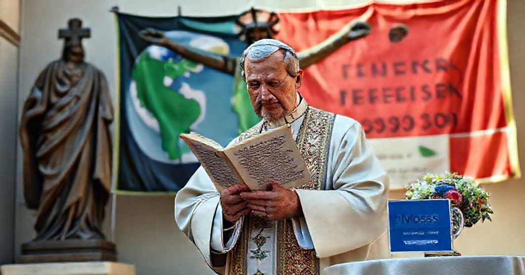 Traditional Catholic priest mourning defaced Christ statue with eco-pagan banner and COP30 logo