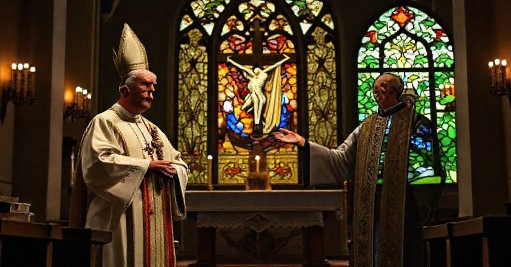 A traditional Catholic priest and antipope Robert Prevost symbolize the conflict between genuine Resurrection hope and the Conciliar Sect's ecological gospel.