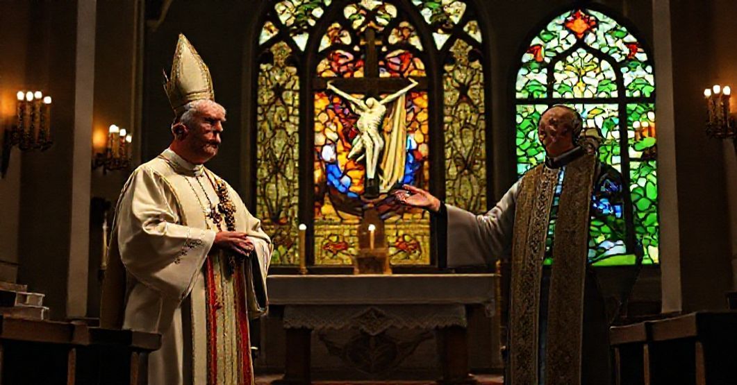 A traditional Catholic priest and antipope Robert Prevost symbolize the conflict between genuine Resurrection hope and the Conciliar Sect's ecological gospel.