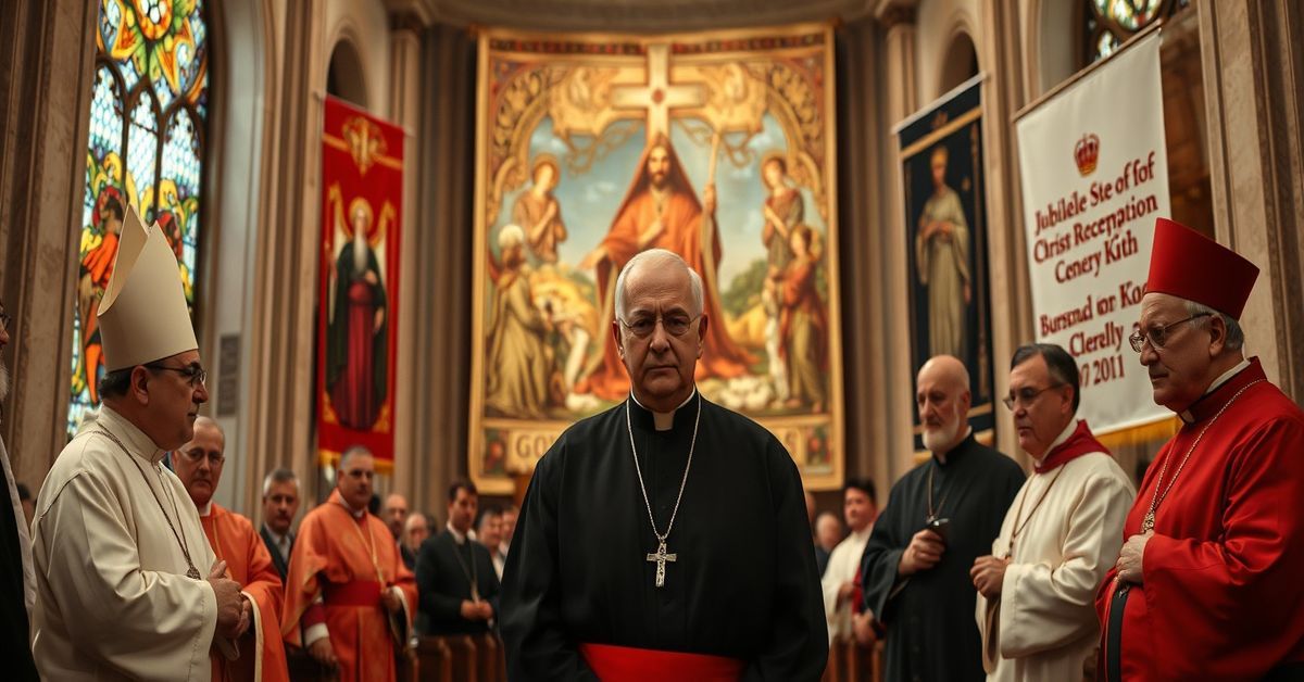 A Catholic priest looking dismayed in a Vatican chapel amid ecumenical dialogue between Orthodox and Protestant clergy during the conciliar sect's 'Jubilee of Redemption' event.