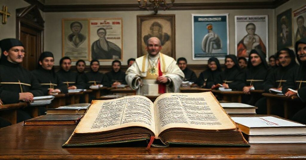 Antipope Leo XIV promoting modernist education agenda in a Catholic classroom setting.