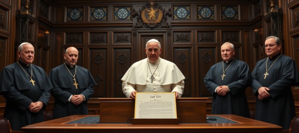 Solemn photograph of six SSPX bishops facing Vatican authorities in a juridical confrontation over excommunication decree issued by antipope Leo XIV and Cardinal Fernández in 2026.