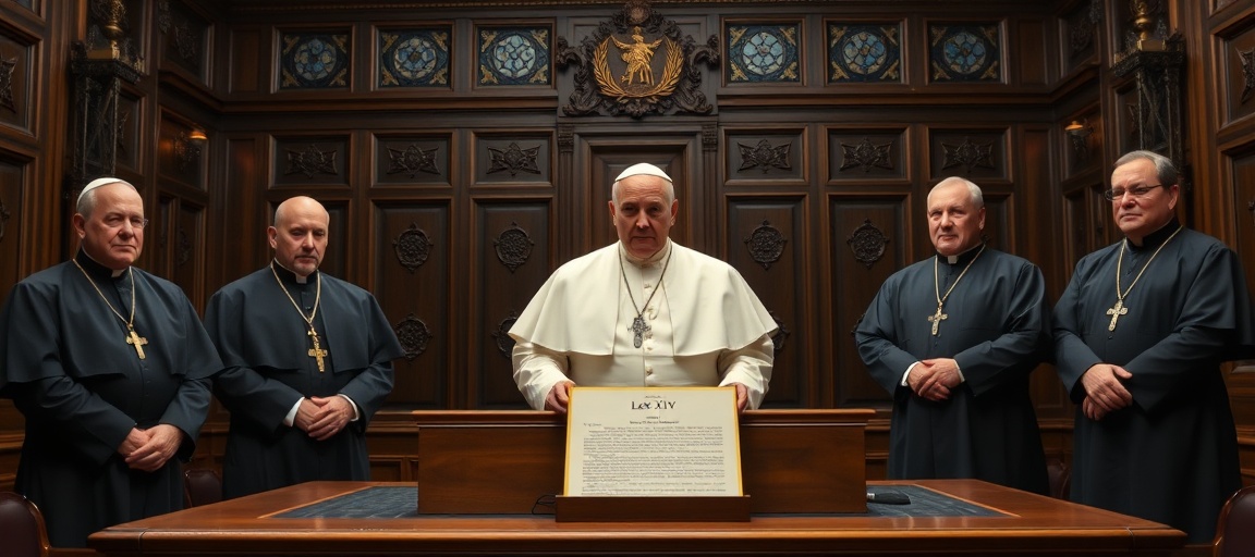 Solemn photograph of six SSPX bishops facing Vatican authorities in a juridical confrontation over excommunication decree issued by antipope Leo XIV and Cardinal Fernández in 2026.
