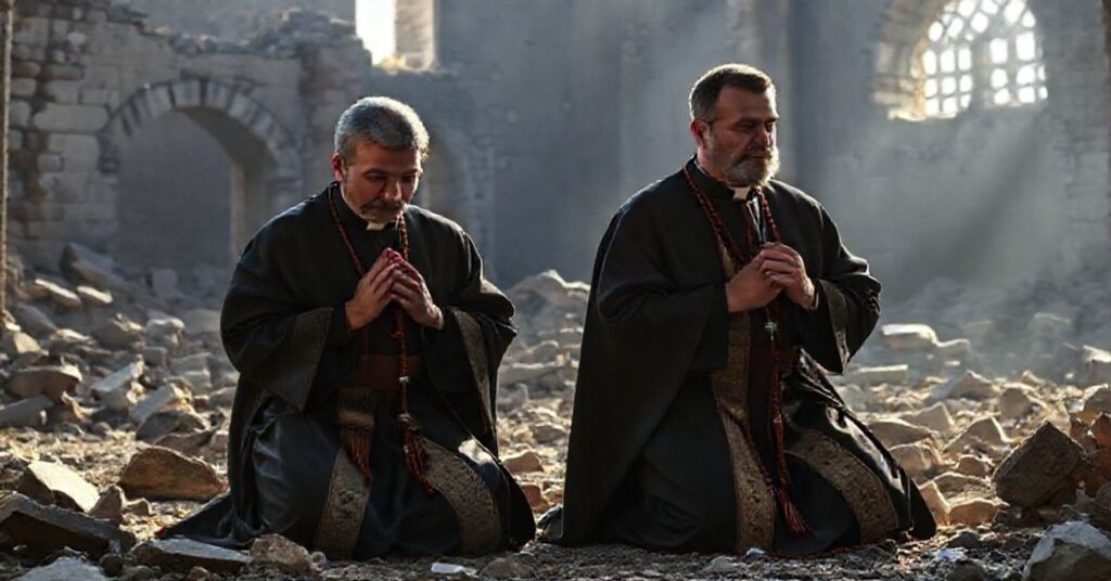 A solemn depiction of falsely proclaimed martyrs Ubaldo Marchioni and Nicola Capelli, highlighting the betrayal of true martyrdom criteria by the conciliar sect.