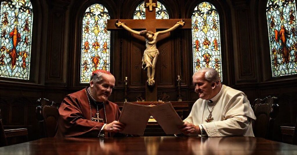 Archbishop Tadeusz Wojda and Bishop Georg Bätzing in a dimly lit chapel during a false reconciliation ceremony.