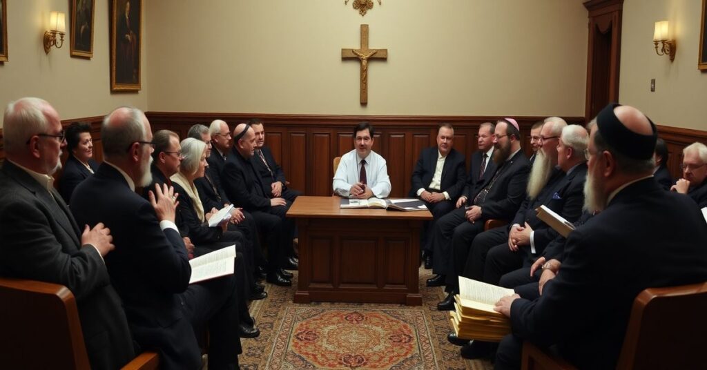 Catholic traditionalists at a heated debate on Zionism in a solemn hearing room, exposing modernist heresies and the conciliar sect's apostasy.