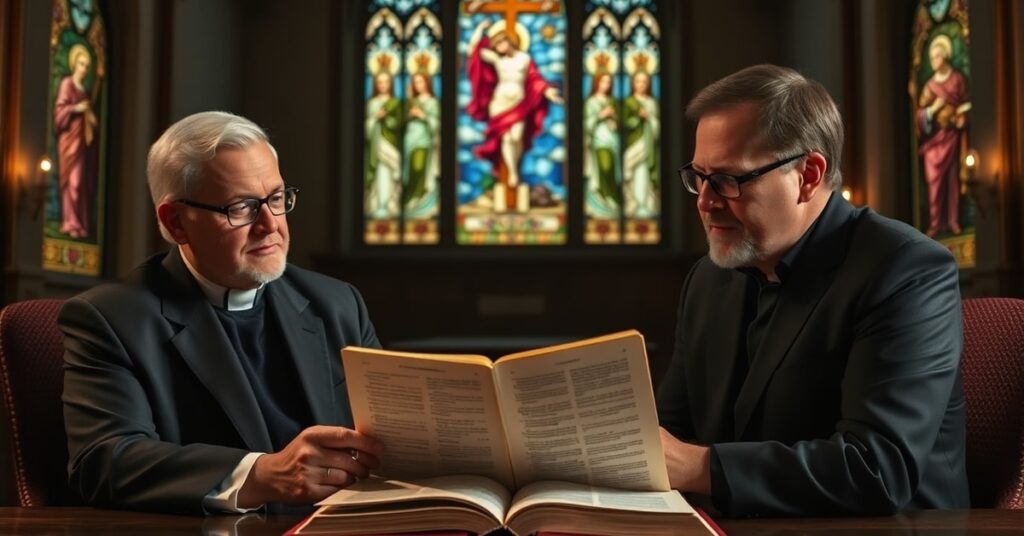 Dr. Scott Powell and JD Flynn of Pillar Catholic discussing Jeremiah's suffering in a traditional study with stained glass depicting Jeremiah and Christ.