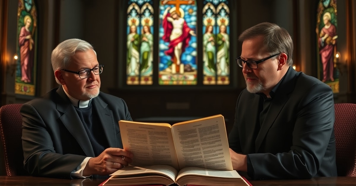 Dr. Scott Powell and JD Flynn of Pillar Catholic discussing Jeremiah's suffering in a traditional study with stained glass depicting Jeremiah and Christ.