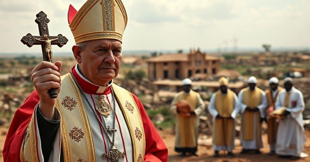 A traditional Catholic bishop in liturgical vestments stands before the war-torn landscape of Sudan, holding a crucifix while modernist clergy distribute humanitarian aid, symbolizing the Conciliar Church's abandonment of its divine mission.