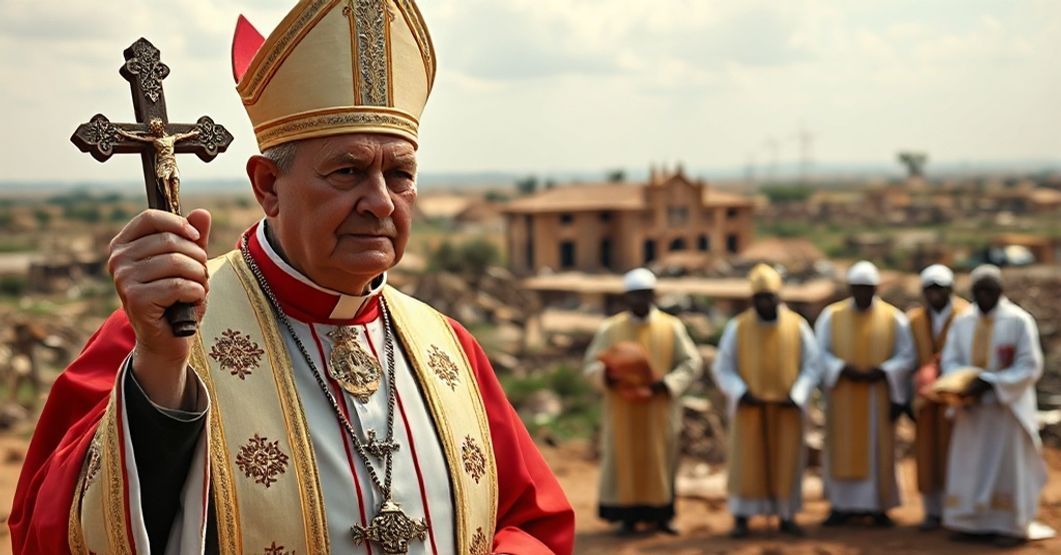 Conciliar Sect's Humanitarian Facade in Sudan Crisis A traditional Catholic bishop in liturgical vestments stands before the war-torn landscape of Sudan, holding a crucifix while modernist clergy distribute humanitarian aid, symbolizing the Conciliar Church's abandonment of its divine mission.