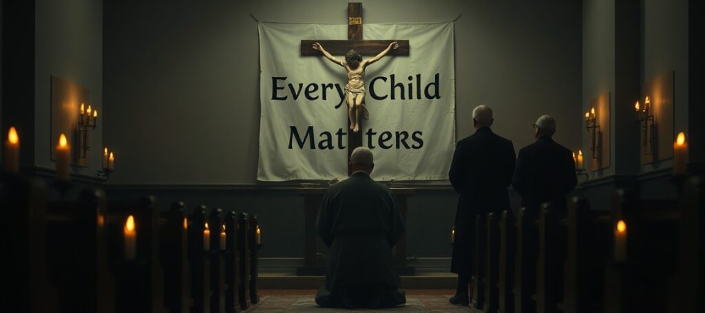 A solemn Catholic church interior with a priest praying before a crucifix, contrasting true devotion with the hollow gestures of modernist clergy.