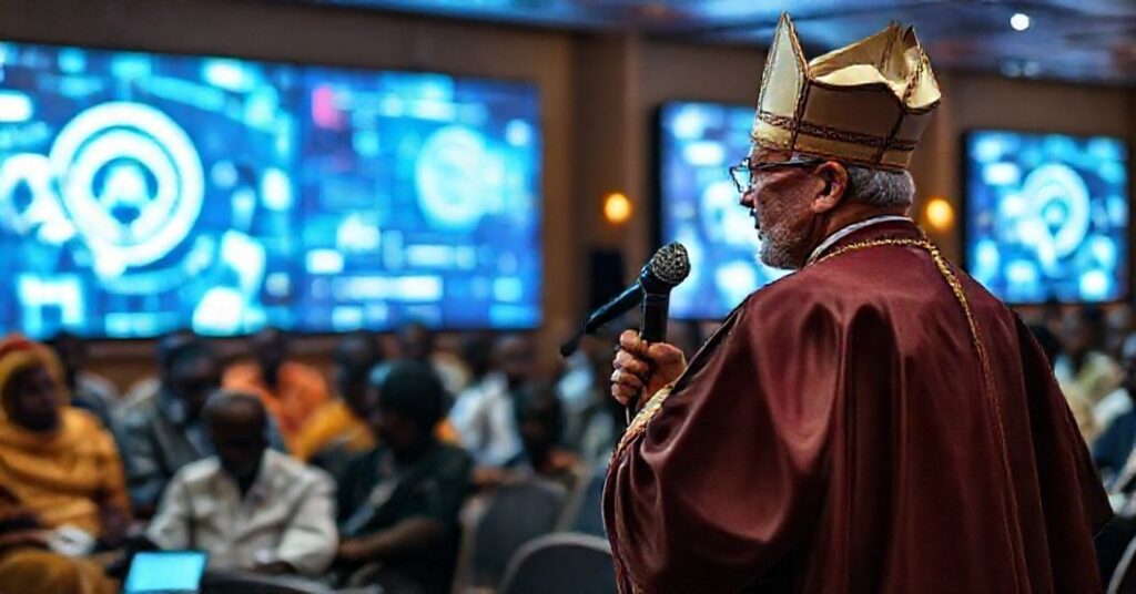 A Catholic bishop in traditional vestments addresses a conference of modernist media operatives in Nairobi, Kenya, 2025.