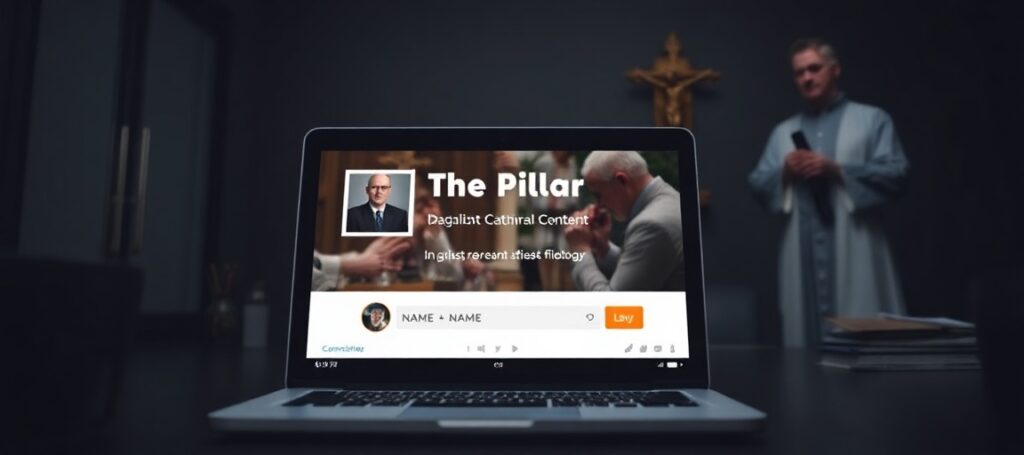 A priest stands solemnly behind a laptop displaying The Pillar's paywalled content, symbolizing the commercialization of apostasy in the conciliar sect.