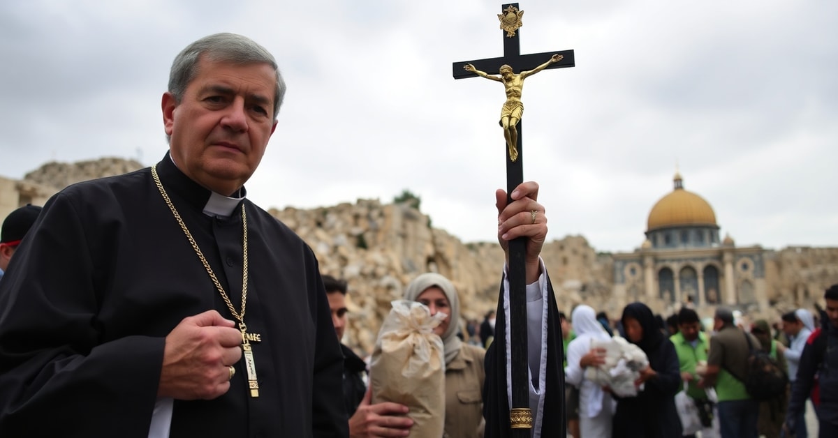 A reverent depiction of a priest in Jerusalem ruins, surrounded by suffering people and CNEWA aid workers distributing material aid, symbolizing the conciliar church's reduction of charity to mere humanitarianism without supernatural elements.