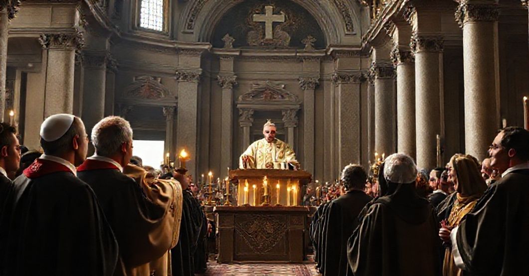Antipope Leo XIV addresses conciliar missionaries in a grand Vatican hall, symbolizing the subversion of Christ's Universal Kingship.