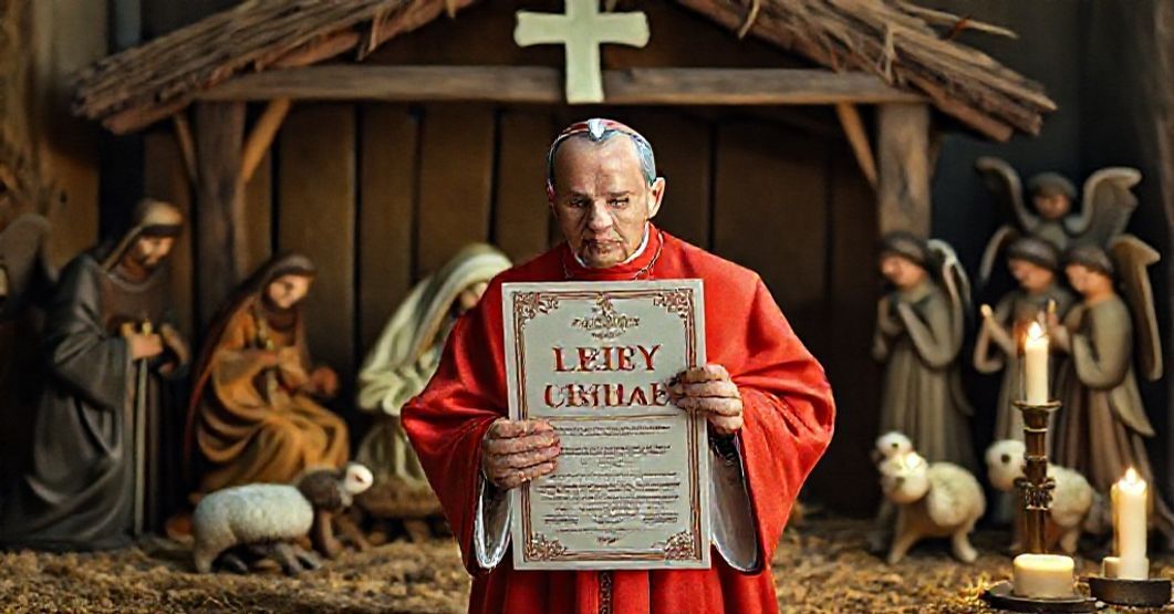 Solemn Catholic Nativity scene contrasting traditional reverence with modernist distortions, featuring a cardinal holding a 'Holy Year of Hope' pamphlet.