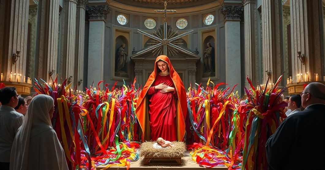 A traditional Catholic Nativity scene subverted by modernist elements, highlighting the apostasy of the conciliar sect.