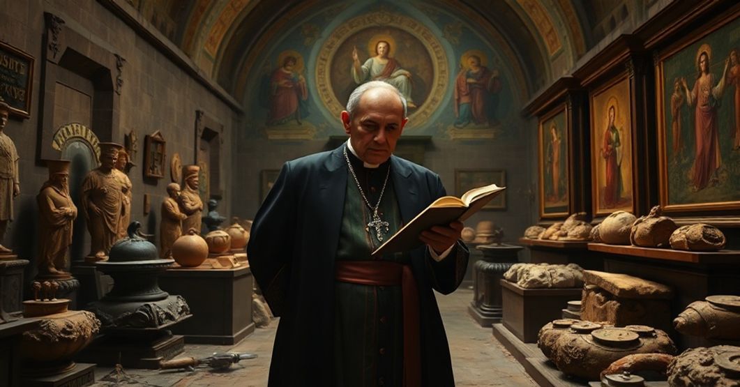 Antiquarian in traditional vestments examining Christian relics in an archaeological chamber.