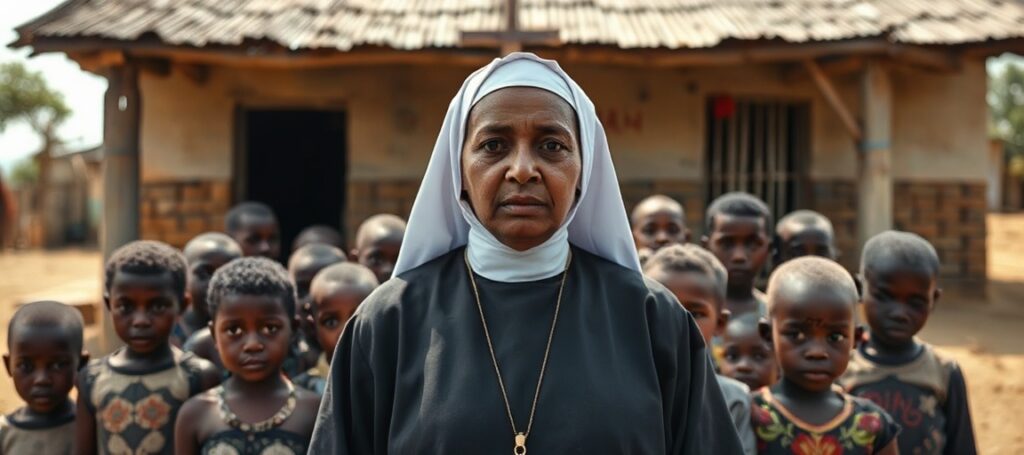 A conciliar nun in traditional habit stands solemnly before a humanitarian center in rural Zimbabwe, surrounded by orphaned children, symbolizing naturalistic charity devoid of supernatural grace.