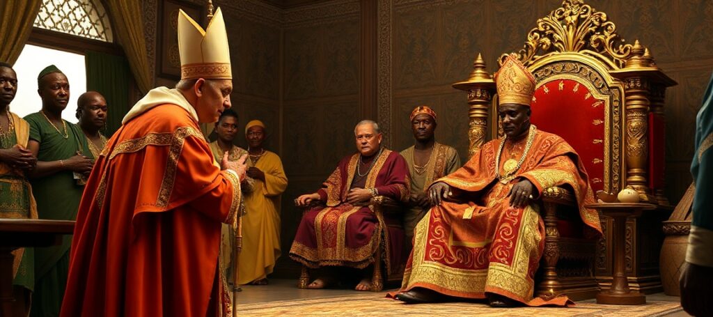Archbishop Éric Soviguidi bowing before the pagan monarch Moogho Naaba Baongo in Burkina Faso's traditional Mossi royal court.
